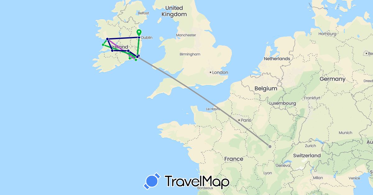 TravelMap itinerary: driving, bus, plane, train in France, Ireland (Europe)